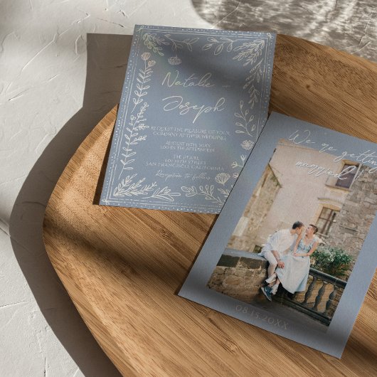 Boho Azure Blue Floral Botanical Photo Fun Wedding Einladung