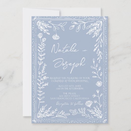Boho Azure Blue Floral Botanical QR Code Wedding Einladung (Vorderseite)