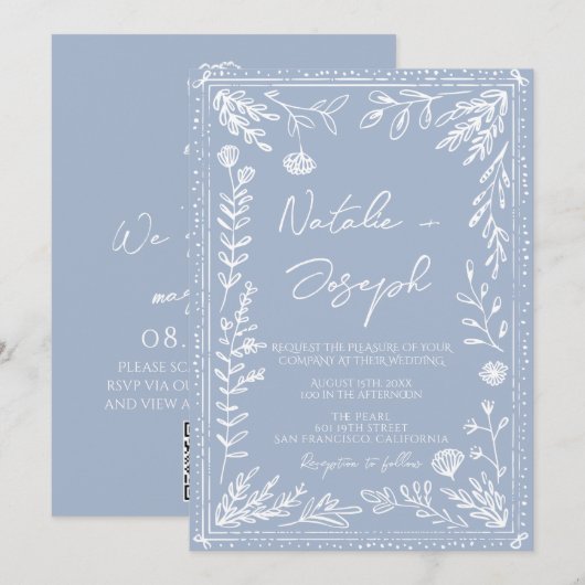 Boho Azure Blue Floral Botanical QR Code Wedding Einladung (Vorne/Hinten)