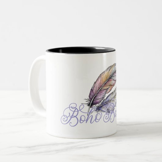 Boho Babe Feathers Bohemisch Vibe Trendy Lila Zweifarbige Tasse (Vorderseite Links)