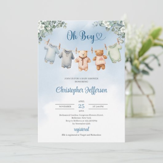 Boho Baby Blue Kleidung Eucalyptus Baby Shower Boy Einladung (Stehend Vorderseite)