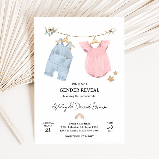 Boho Baby Clothes Gender Reveal Einladung