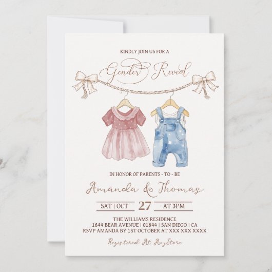 Boho Baby Clothes Pink Blue Gender Reveal Einladung (Vorderseite)