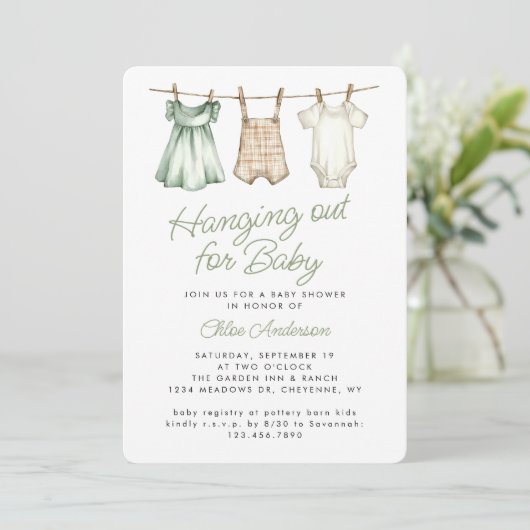 Boho Baby Clothesline Gender Neutral Baby Dusche Einladung (Stehend Vorderseite)