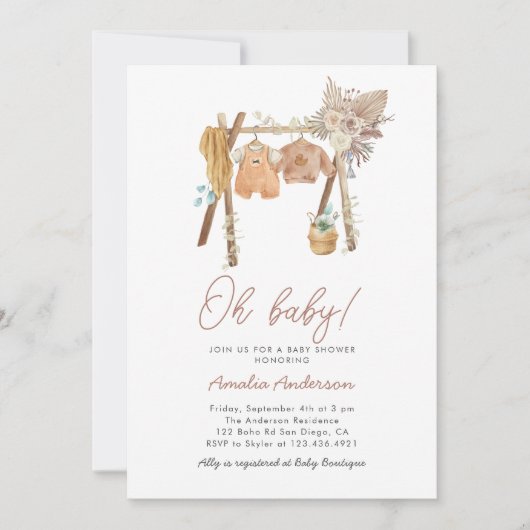 Boho Baby Dusche Aquarellkleidung Einladung (Vorderseite)