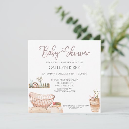 BOHO BABY DUSCHE, BABY DUSCHE, OH BABY EINLADUNG (Stehend Vorderseite)