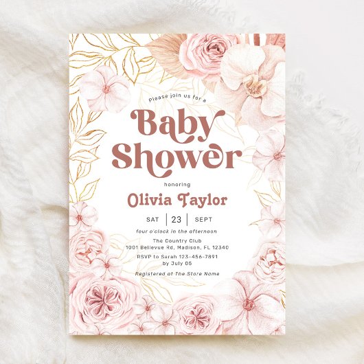 Boho Baby Dusche Rosa Blütenbraun Einladung