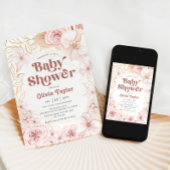 Boho Baby Dusche Rosa Blütenbraun Einladung