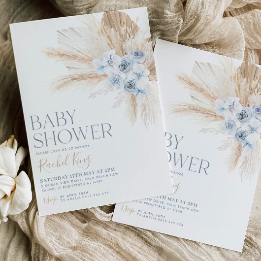 Boho Baby Duwer Einladung Blume Blue Neutral