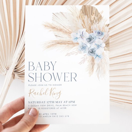 Boho Baby Duwer Einladung Blume Blue Neutral