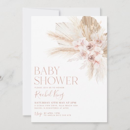 Boho Baby Duwer Einladung Blume rosa neutral (Vorderseite)