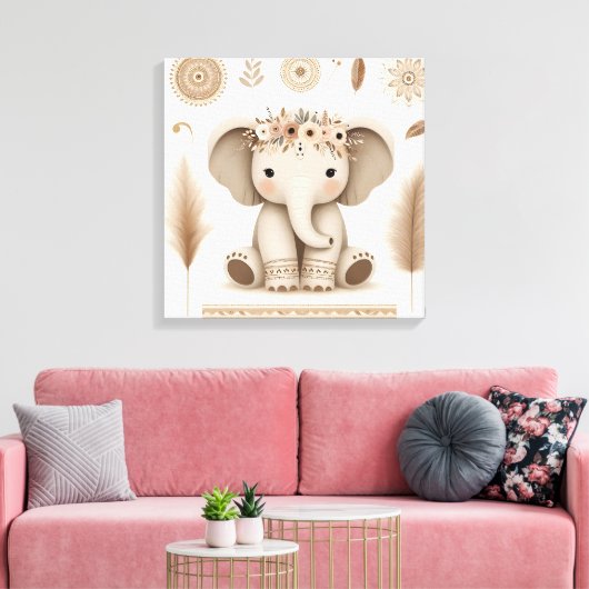 Boho Baby Elephant Mandala Wall Art | Süße Tier Leinwanddruck (Insitu (Wohnzimmer))