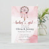 BOHO Baby Girl Pink Dream Catcher Wasserfarbe Wate Einladung (Stehend Vorderseite)