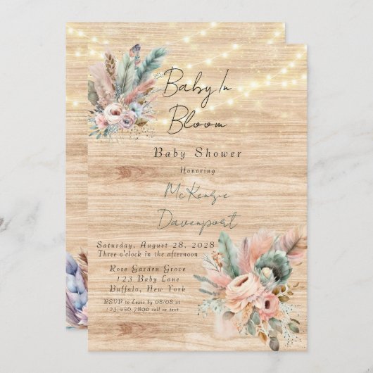 Boho Baby in Bloom Baby Dusche Einladung (Vorne/Hinten)