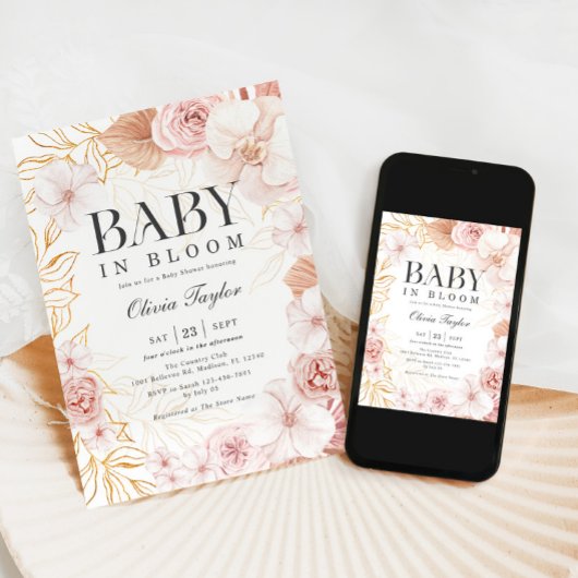 Boho Baby in Bloom Baby Dusche rot Rosa Bläschen Einladung