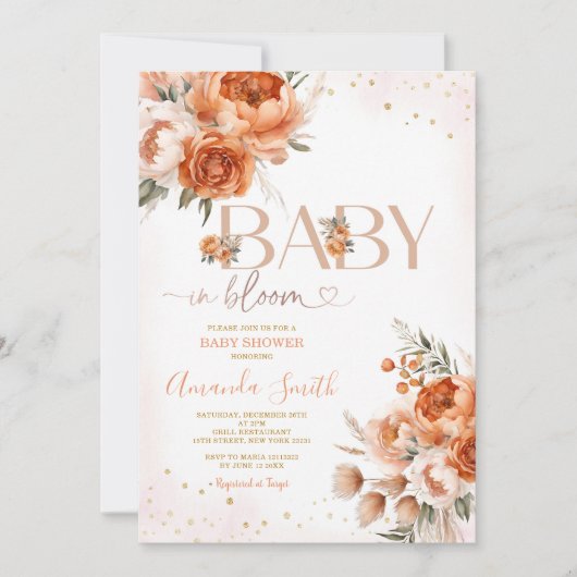 Boho Baby in Bloom Burnt Orange Bloral Baby Dusche Einladung (Vorderseite)