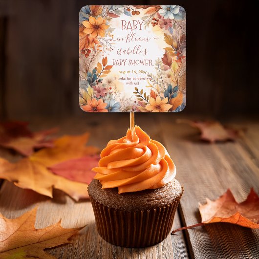 Boho Baby in Bloom Fall Floral Frame Baby Shower Quadratischer Aufkleber