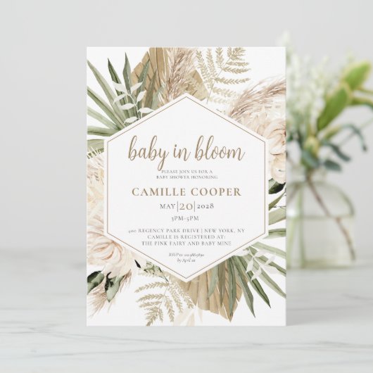 Boho Baby in Bloom Pampas Grass Einladung (Stehend Vorderseite)