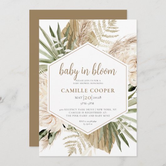 Boho Baby in Bloom Pampas Grass Einladung (Vorne/Hinten)