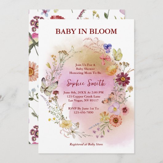 Boho Baby in blühender Wildblume Wasserfarbe Einladung (Vorne/Hinten)