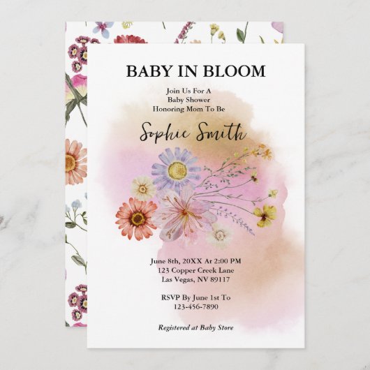 Boho Baby in blühender Wildblume Wasserfarbe Einladung (Vorne/Hinten)