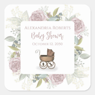 Boho-Baby-Party Pink Botanical Floral Vintage Quadratischer Aufkleber