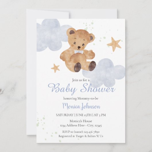 BOHO Baby Shower Boy | Bären und Wolken Einladung (Vorderseite)