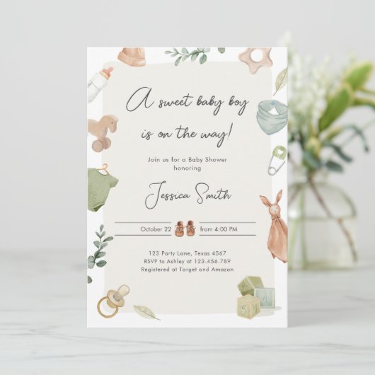 Boho Baby Shower Boy On Way Kleidung rustikal Einladung (Stehend Vorderseite)