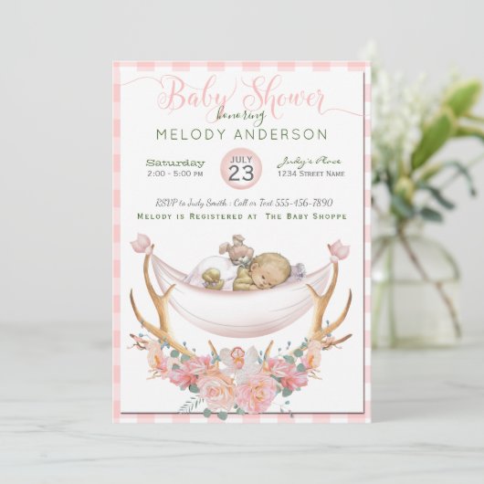 BOHO Baby Shower Coral Hammock Antlers Floral Einladung (Stehend Vorderseite)