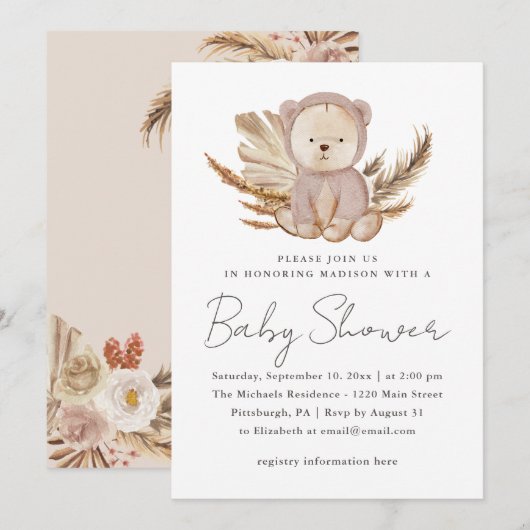 Boho Baby Shower Einladung mit Sweet Bear (Vorne/Hinten)