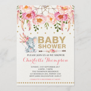 Boho Baby Shower Einladung Pink Gold Elephant