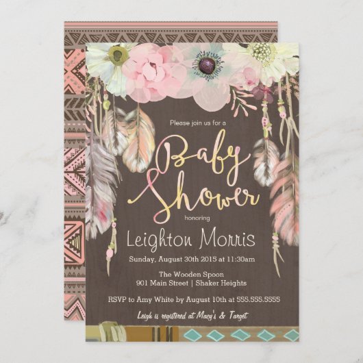 Boho Baby Shower Einladung, Tribal Feather Rustika Einladung (Vorne/Hinten)