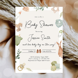 Boho Baby Shower Junge neutrale Kleidung rustikal Einladung
