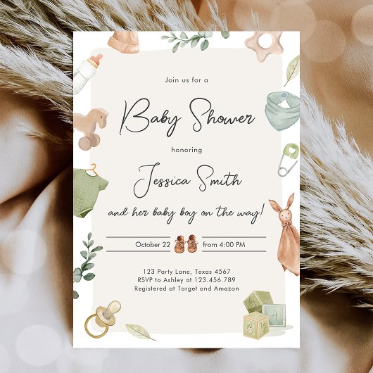 Boho Baby Shower Junge neutrale Kleidung rustikal Einladung