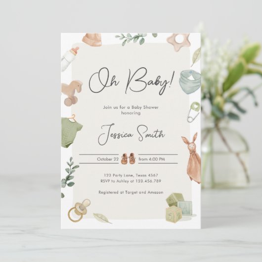 Boho Baby Shower Oh Baby Boy Kleidung Rustikal Einladung (Stehend Vorderseite)