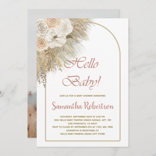 Boho Baby Shower Pampas Grass Botanisches Foto Einladung (Vorne/Hinten)