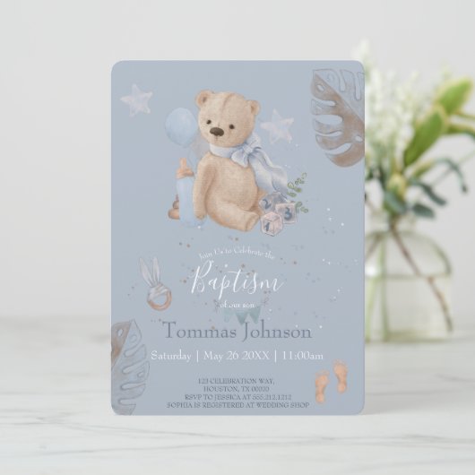 Boho Baby Teddy Baptismus Einladung (Stehend Vorderseite)