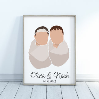 Boho Baby Twins Girl&Boy Name Kinderzimmer Poster