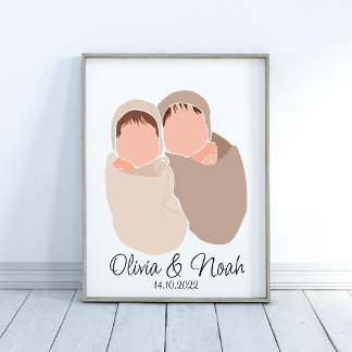 Boho Baby Twins Girl&Boy Name Kinderzimmer Poster
