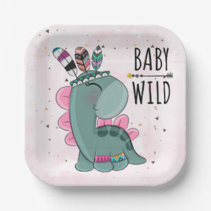 Boho Baby Wild Dinosaur Girl Baby Shower Pappteller