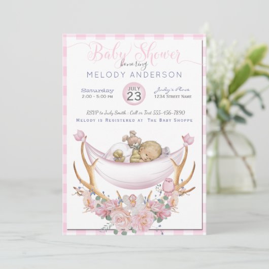 BOHO Babydusche Rosa Hängematte Antler Blumenstrau Einladung (Stehend Vorderseite)