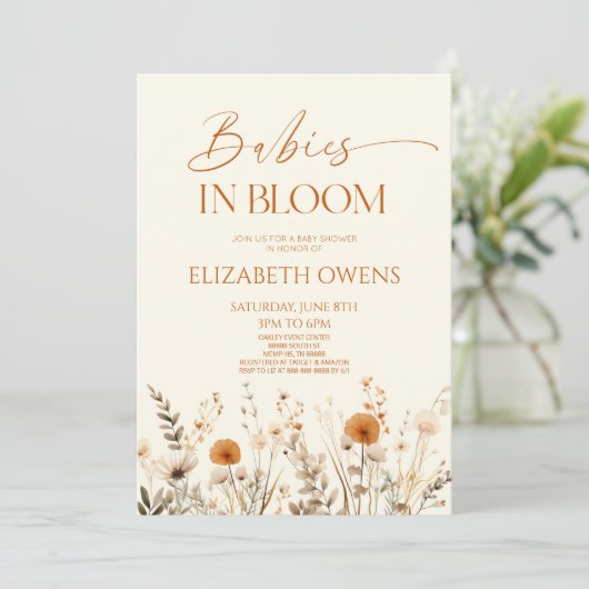 Boho Babys in Bloom Wildblume Babydusche Einladung (Stehend Vorderseite)