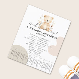 Boho Babysitter Bear Watercolor Service Tear-Off Flyer