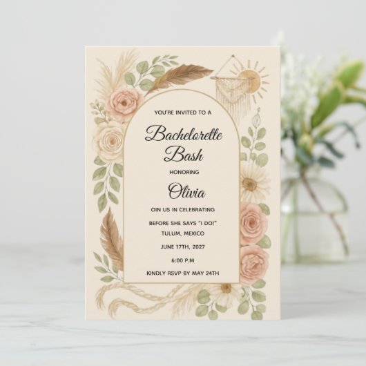 Boho Bachelorette Bash Invitation | Neutral Floral Einladung (Stehend Vorderseite)