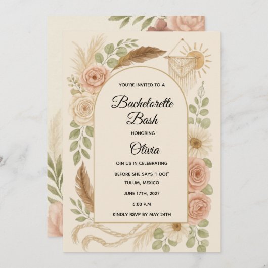 Boho Bachelorette Bash Invitation | Neutral Floral Einladung (Vorne/Hinten)