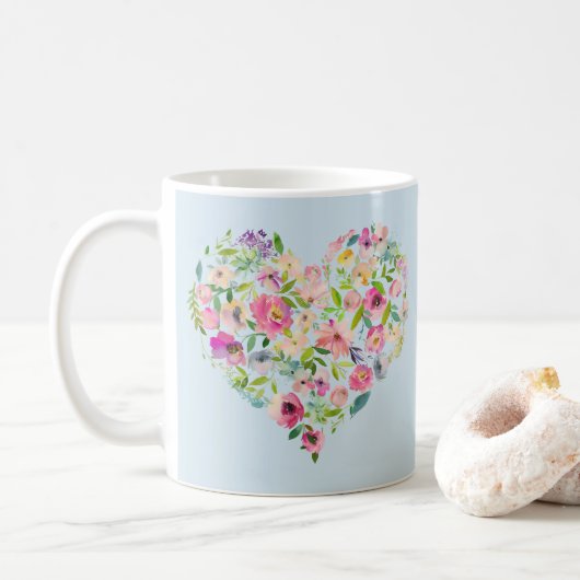 Boho Bailee | Blauer Pastel Blumenherz Initial Kaffeetasse (Mit Donut)