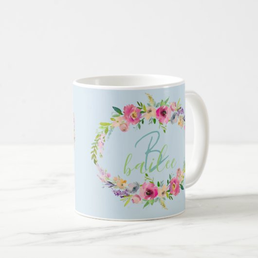Boho Bailee | Blauer Pastel Blumenherz Initial Kaffeetasse (VorderseiteRechts)
