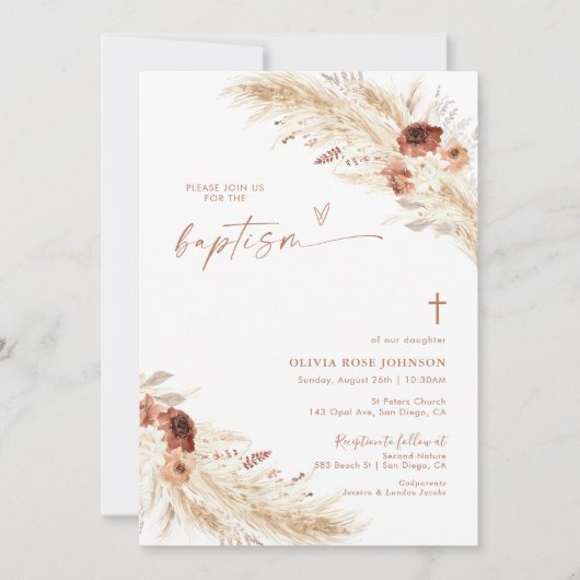 Boho Baptisse Invite, Pampas Grass Boho Christenin Einladung (Vorderseite)