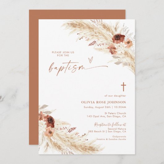 Boho Baptisse Invite, Pampas Grass Boho Christenin Einladung (Vorne/Hinten)