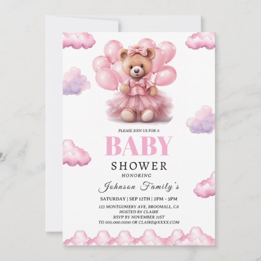 Boho Bären Baby Pink Babydusche Einladung (Vorderseite)